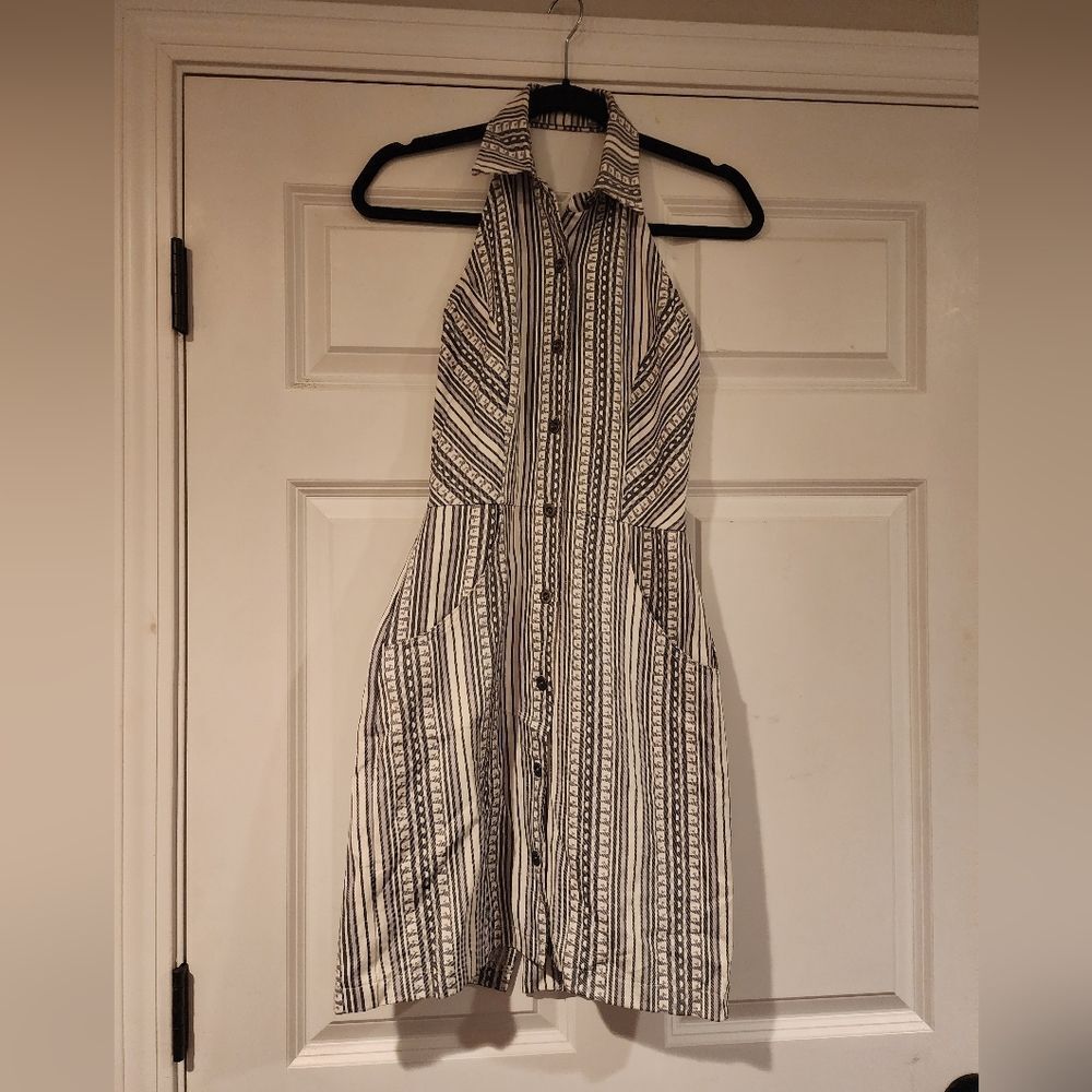 Mimi Chica Gray and white striped halter button up dress XS